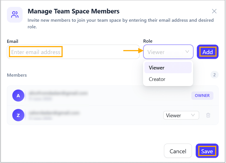 Manage team space member's box