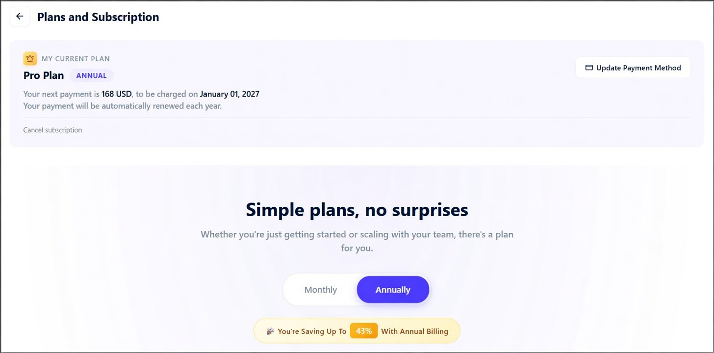 Plans and Subscriptions screen Plans and Subscriptions screen