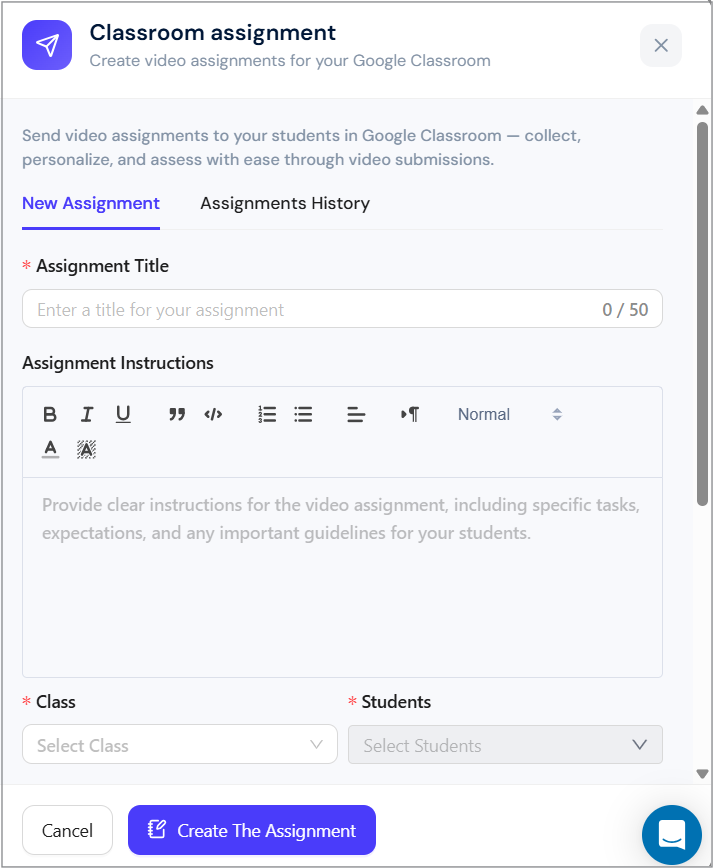 Create a Google Classroom Video Assignment window