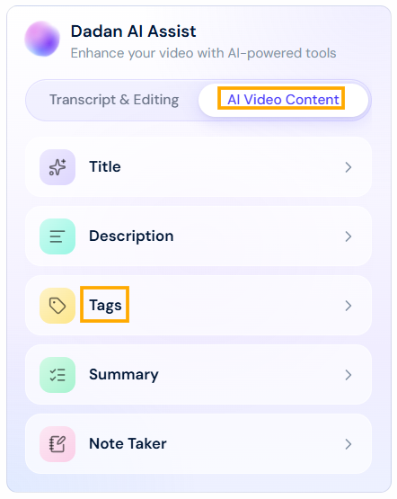 Video AI Assistant Tags Video AI Assistant Tags