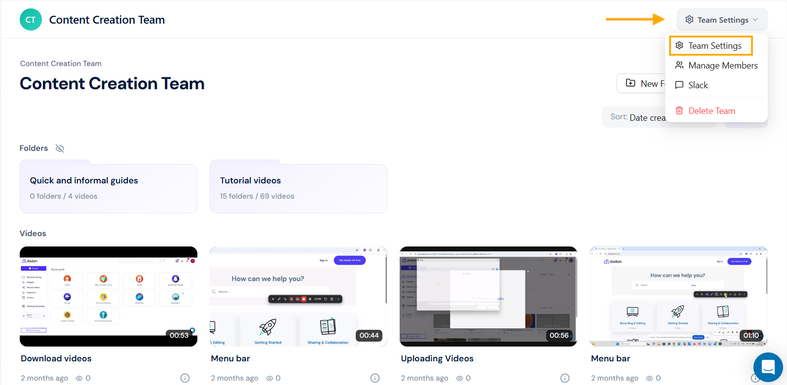 Manage team space menu Manage team space menu