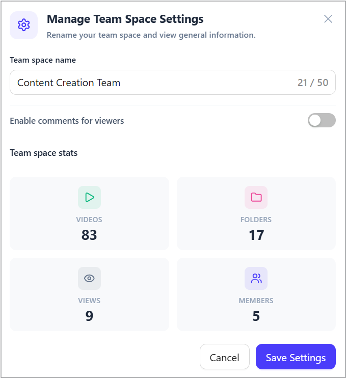 Manage team space settings popup Manage team space settings popup