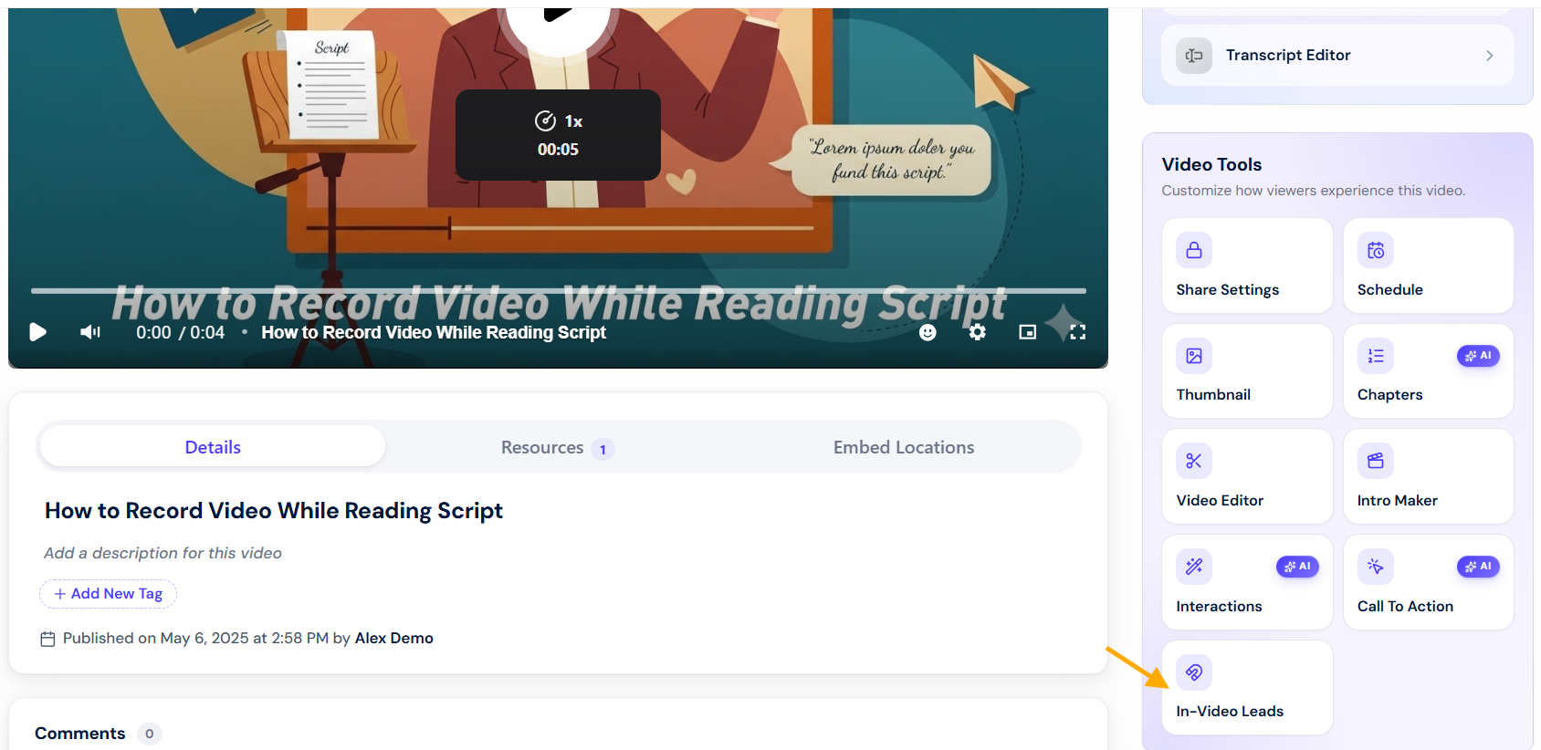 Click the In-Video Leads button