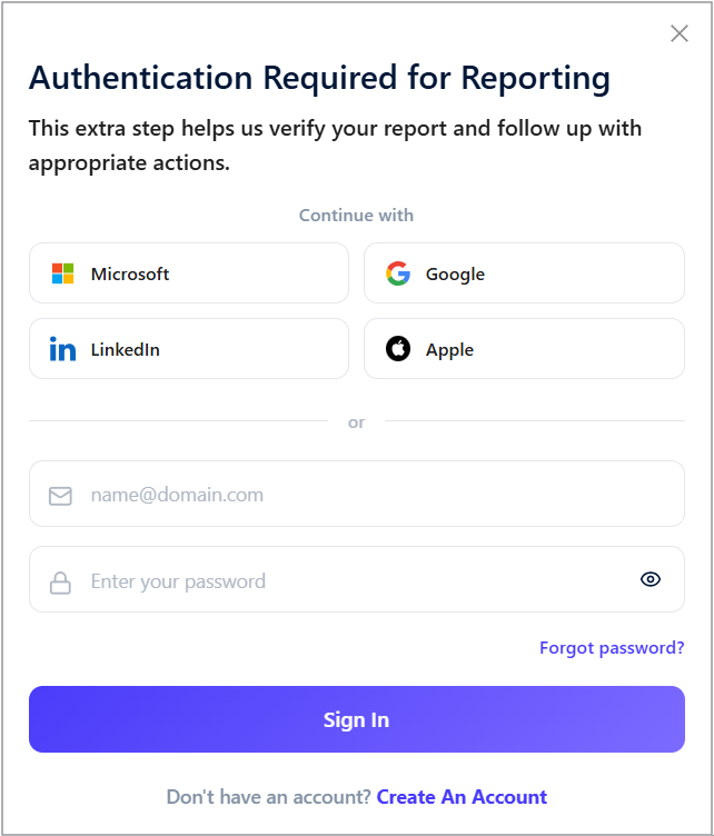 Authentication Required for Reporting screen