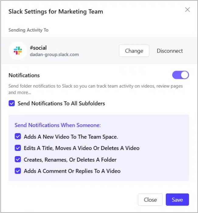Slack Settings for Marketing Team will pop up