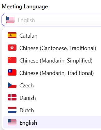 Default Meeting Language drop-down menu